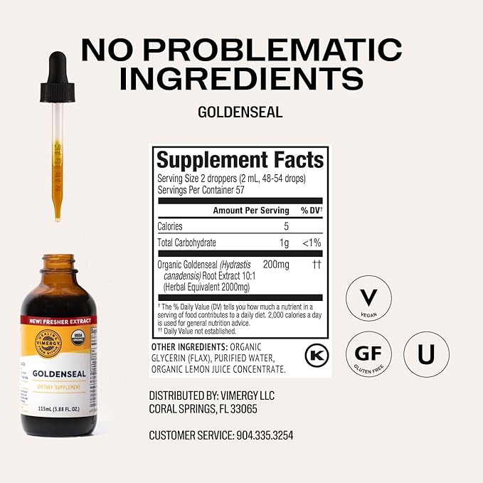 Vimergy USDA Organic Goldenseal Tincture Herbal Supplement – (57 Servings) – Vegan Alcohol-Free Golden Seal herb Drops Great for Tea (115 mL)
