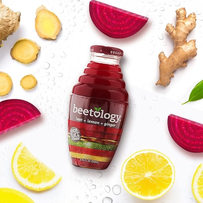 Beetology Organic Beet Lemon and Ginger Juice 8.45oz (6 Pack) | 100% Cold Pressed | Heart Healthy | Nutrient Packed Vegetable Juice | Vibrant Flavor