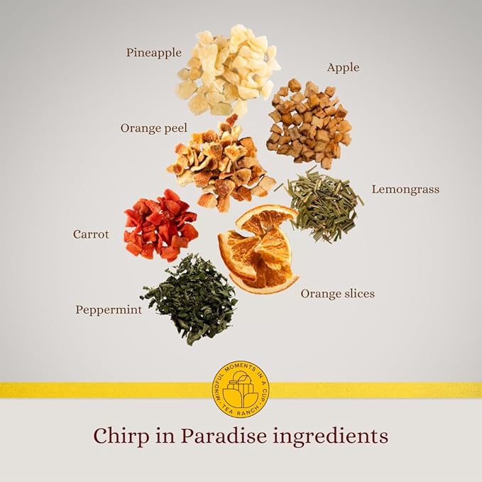 Tea Ranch – Chirp in Paradise Pineapple Orange Loose Leaf Tropical Fruit Herbal Tea Premium Blend Naturally Caffeine‑Free Herbal Enjoy Hot or Iced &amp Brews Up to 45 Cups 3.5 oz Reusable Glass
