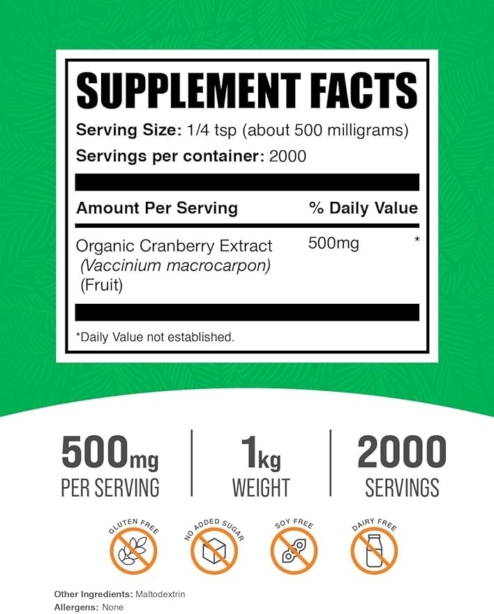 BulkSupplements.com Cranberry Extract Powder - Cranberry Flavoring Powder Sourced from Vaccinium Macrocarpon Fruit - Vegan &amp Gluten Free 500mg per Serving 1kg (2.2 lbs) (Pack of 1)