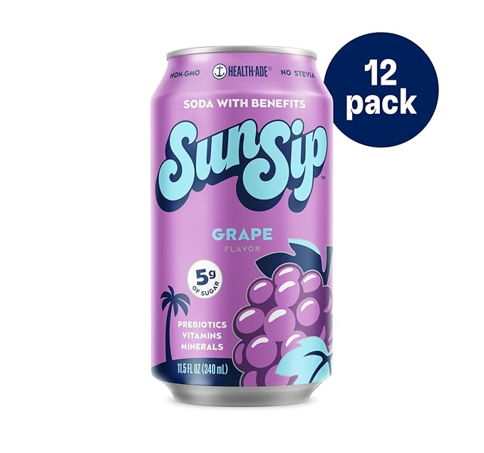 SunSip Prebiotic Soda by Health-Ade Better-for-You Soda Swap Beverage with Vitamins &amp Minerals Naturally Sweetened with 6g of Sugar Grape 11.5 oz (12 Pack)