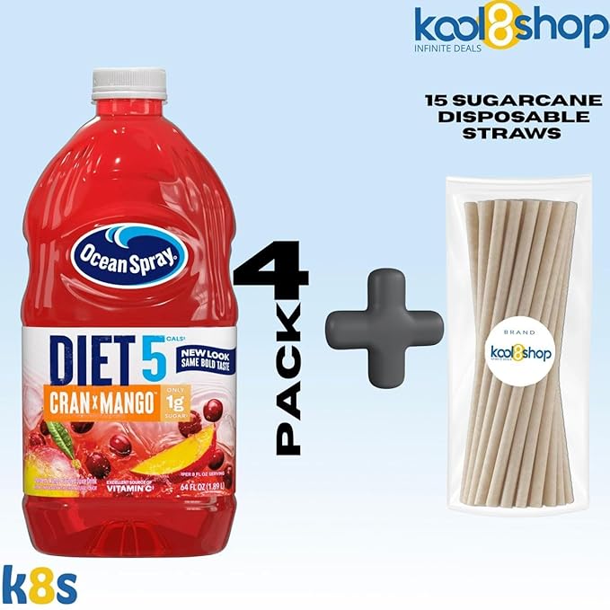 Ocean Spray Diet Cran Mango Juice Drink 64 fl oz Plastic Bottle 4 Pack + 15 Sugarcane Disposable Straws by KOOL8SHOP Infinite Deals