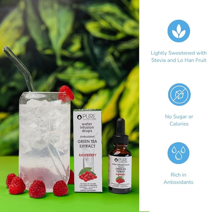 Pure Inventions - Water Infusion Drops - Daily Immunity Support Rich in Antioxidants Electrolytes - No Sugar Calories or Artificial Sweeteners - Green Tea Raspberry 30 serv.
