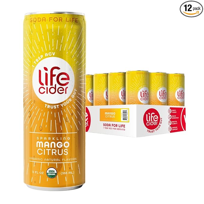 Life Cider Mango Citrus Flavored Apple Cider Vinegar Soda 12 Pack Organic Sparkling AVC Drink Natural Flavors Promotes Gut Health Vitamins C B12 Zinc D3