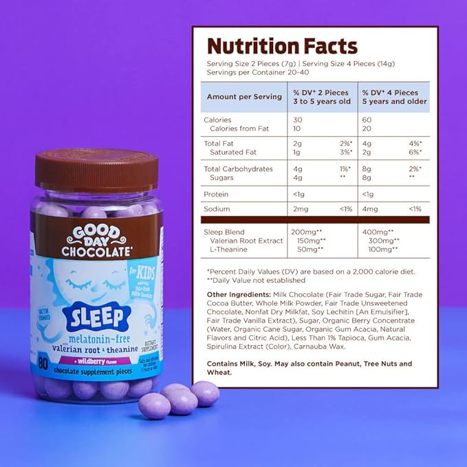 Good Day Chocolate Natural Valerian Root for Kids Herbal Sleep Supplement Organic Wildberry Flavor Fair Trade and Non-GMO Chocolate L-Theanine 50 Pieces