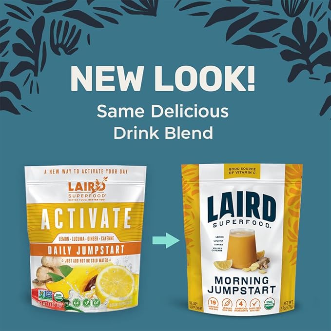 Laird Superfood Morning Jumpstart Powder Drink Supplement Lemon Lucuma Ginger and Cayenne Cleanse Organic 2.7 Oz Bag Pack of 1