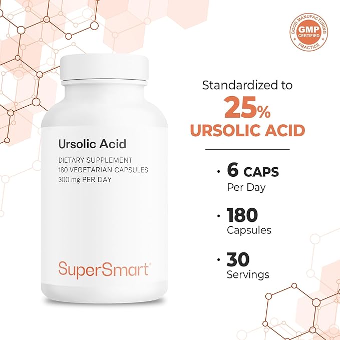 Supersmart - Ursolic Acid 300mg per Day (Well-Tolerated) - Rosemary Leaf Extract Supplement | Non-GMO &amp Gluten Free - 180 Vegetarian Capsules
