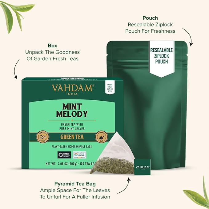 VAHDAM Mint Green Tea Bags (100 Count) 100% Pure Leaf Tea High Grown Low Caffeine Non GMO Gluten Free | Plant-Based Pyramid Tea Bags | Direct from Source