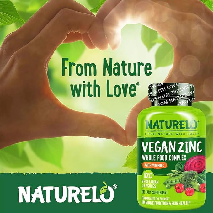 NATURELO Vegan Zinc Immune Support Capsules - Whole Food Complex with Vitamin C for Healthy Skin Hair and Nails - 120 Capsules