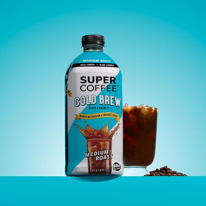 SUPER COFFEE Cold Brew Iced Keto Coffee (0g Added Sugar 25 Calories) 50 Fl Oz 6 Pack | Smart Coffee Drinks - SoyFree GlutenFree (Medium Roast)