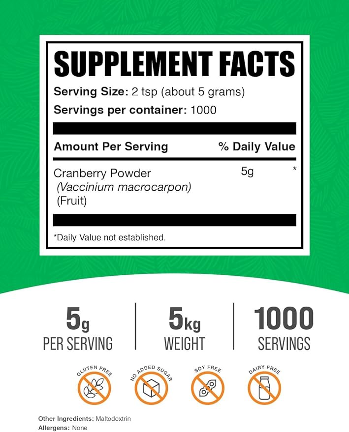 BulkSupplements.com Cranberry Powder - Cranberry Supplements for Women &amp Men Dried Cranberries Unsweetened - Gluten Free &amp Sugar Free 5g per Serving 1kg (2.2 Pound) (Pack of 1)