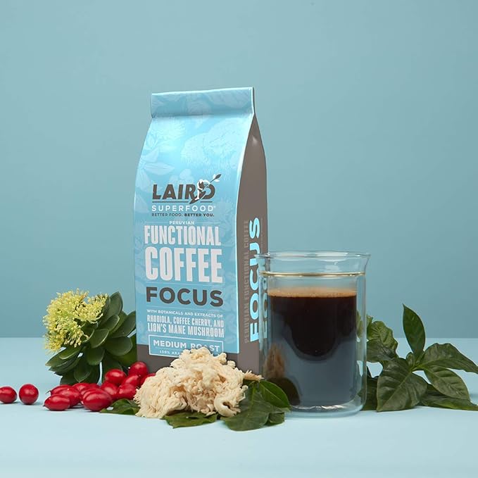 Laird Superfood Focus Coffee Medium Roast Ground Coffee Infused with Functional Mushrooms and Botanical Adaptogens 12 oz. Bag (Pack of 2)