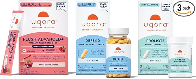 Uqora Flush Advanced+ Regimen with Flush Advanced+ - Cranberry to Reduce Risk of Recurrent UTI** - Defend &amp Promote - D-Mannose Vitamin C Green Tea Extract &amp Probiotics - 3-Part Bundle