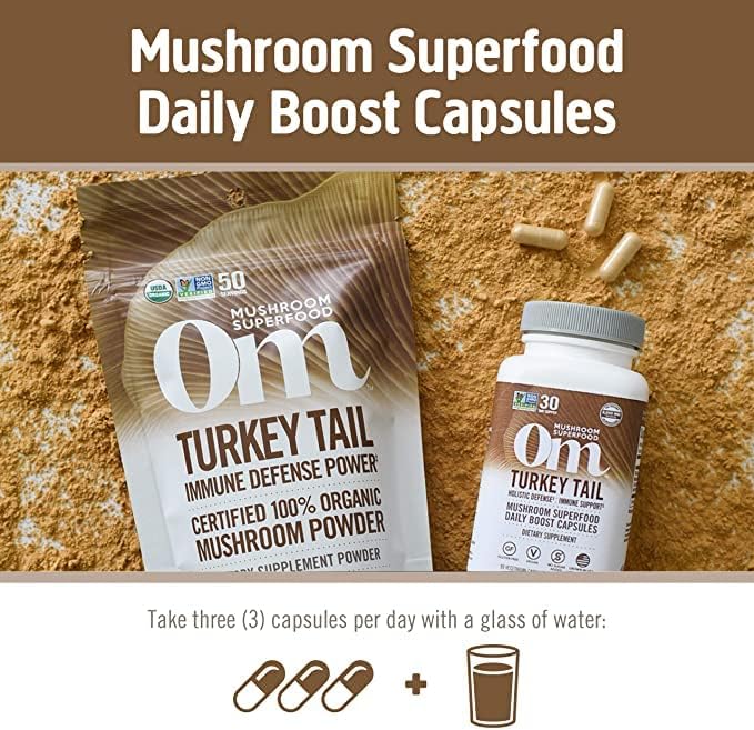 Om Mushroom Superfood Turkey Tail Mushroom Capsules Superfood Supplement 90 Count 30 Days Immune Support Polysacchrides Beta-Glucans Gut Health &amp Holistic Defense Mushroom Supplement