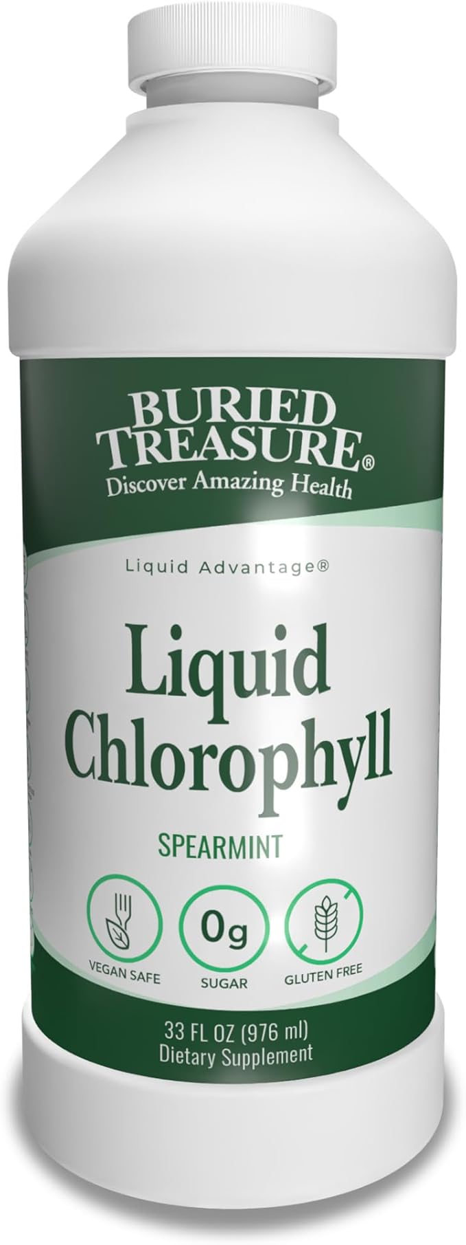 Buried Treasure Liquid Chlorophyll 100 mg Dietary Supplement Intestinal Digestive Support Natural Body Deodorant Vegan Non-GMO Alcohol Free Spearmint Flavor 32oz