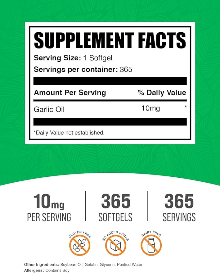 BulkSupplements.com Garlic Oil Softgels - Aged Garlic Supplement Odorless - Gluten Free 1 Softgel per Serving (10mg) 365 Count (Pack of 1)