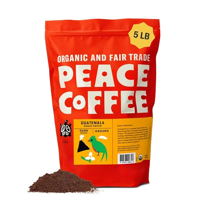 Peace Coffee Guatemala Single Origin Ground Dark Roast Coffee 5 lb Organic Fair Trade Smooth Deep Flavor Shade Grown Fresh Roasted