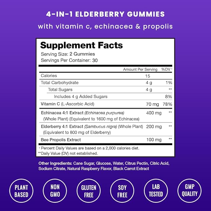 NutraChamps Elderberry Gummies Sambucus Elderberry Gummies for Adults &amp Kids Vitamin C Propolis &amp Echinacea Max Strength Immune Support Gummies Natural Berry Flavor 120 Gummies (Pack of