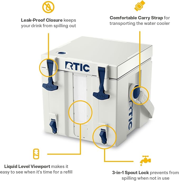 RTIC Halftime Water Cooler 3 Gallon Portable Carrier Container Drink Beverage Dispenser Stackable with 2 Taps Bottleless BPA-Free for Sports Camping BBQ Parties Picnic Cool Grey &amp Navy