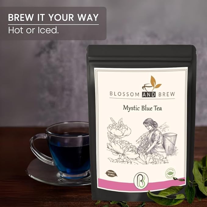 Blossom &amp Brew Mystic Blue Tea – Pure Natural Caffeine-Free | Non-GMO Vegan Gluten-Free | Blue Herbal Tea for Iced Drinks Cocktails Hot Brews and Coloring 2.47 Oz