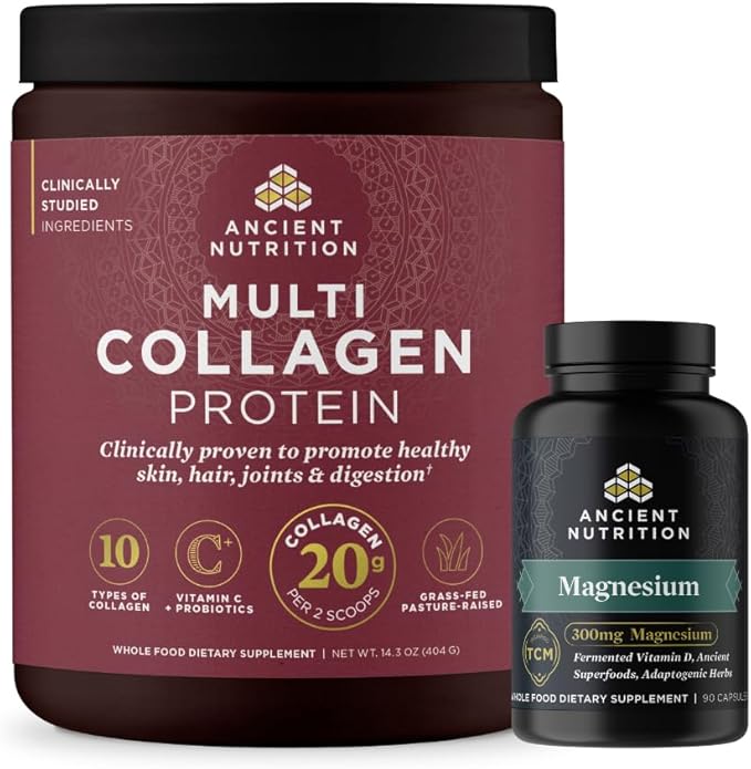 Ancient Nutrition Multi Collagen Protein Powder Unflavored 40 Servings + Magnesium Capsules 90 Count
