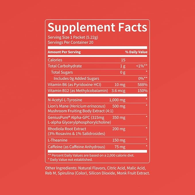 Nello Superfocus – Nootropic Focus Drink Mix for Productivity Caffeine L-Theanine Rhodiola Rosea Alpha-GPC Lion’s Mane Tyrosine Sugar-Free Packets - Blue Raspberry with Caffeine (Pack of 20)