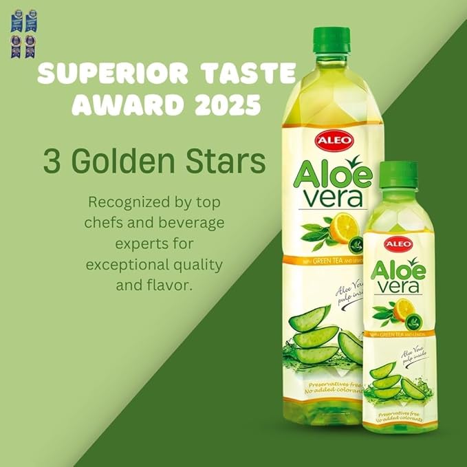 ALEO 0.5L Premium Green tea and Lemon Aloe Vera Drink - Natural No Preservatives No Artificial Colors Superior Taste Award 2025