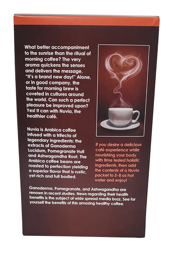 Nuvia Healthy Gourmet Instant Coffee Dairy Free Lactose Free No GMOs No Salt Soy Free Vegan with Organic Ganoderma Pomegranate and African Mango Extracts 30 packets 3.7g each Pack of 1