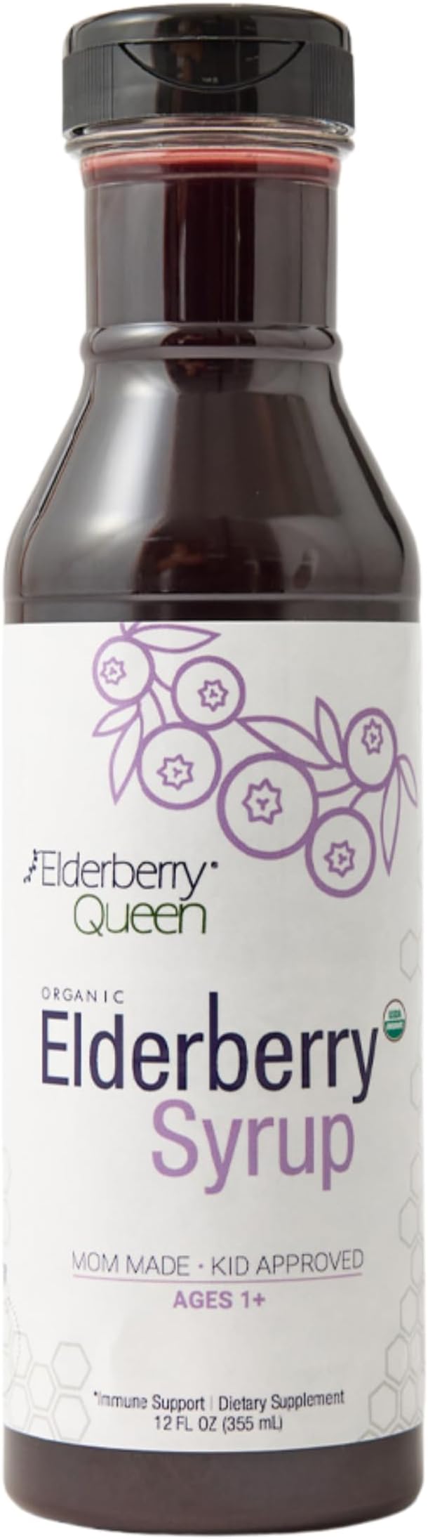 Elderberry Queen Organic Elderberry Syrup 12 Fl Oz - Immune Support Formula with Sambucus Black Elderberry &amp Aronia Berry - Pure Natural Certified Organic Elderberry Syrup for Kids and Adults