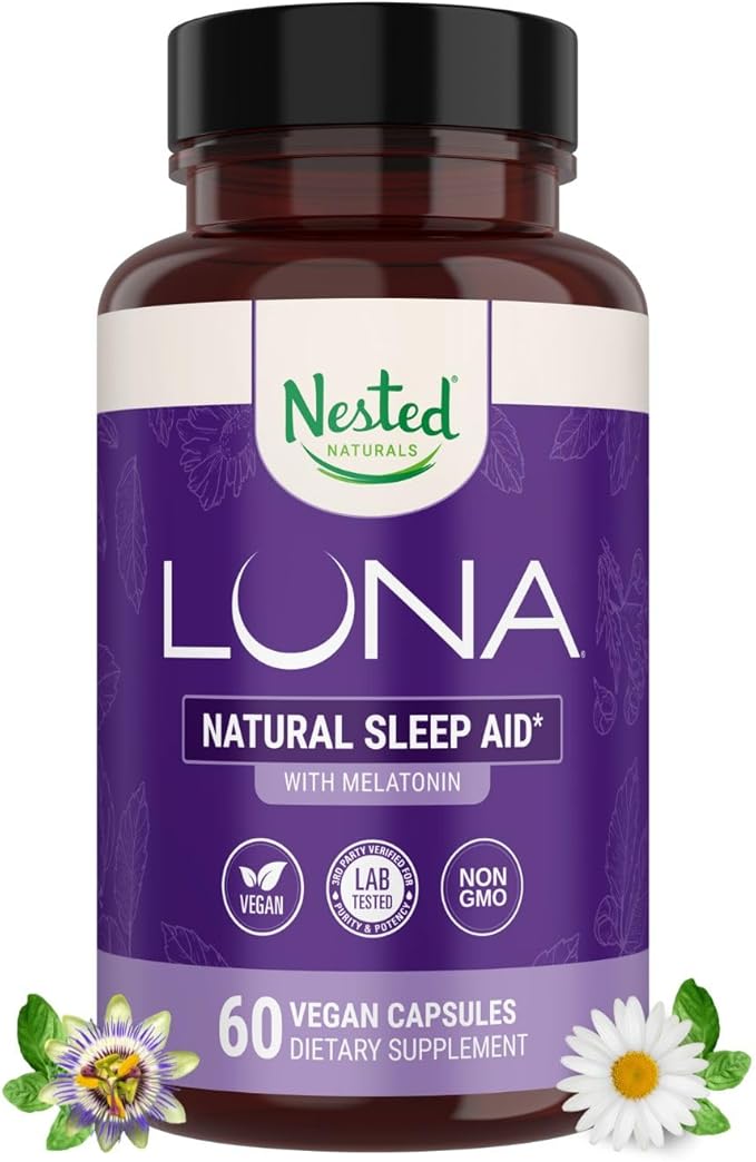 Nested Naturals Luna Sleep Aid - Non-Habit Forming Natural Sleeping Pills for Adults with Naturally Sourced Ingredients - Valerian Root Melatonin Chamomile Lemon Balm and More - 60 Vegan Capsules