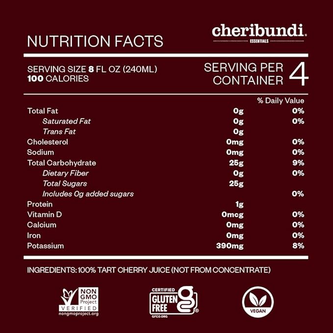 Cheribundi 100% Tart Cherry Juice Pure | Unsweetened Tart Cherry Juice | Athletes Recovery Drink | Promotes Restorative Sleep Muscle Recovery &amp Boosts Athletic Performance | 32 floz (6 Pack)