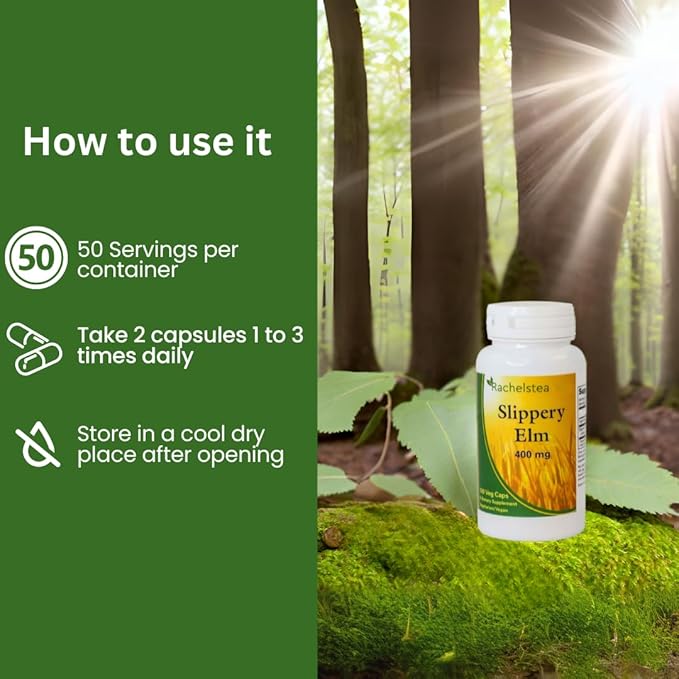 Rachelstea (30 Bags/60 Cups) with Slippery Elm Bark 400 mg 100 Capsules - Caffeine Free