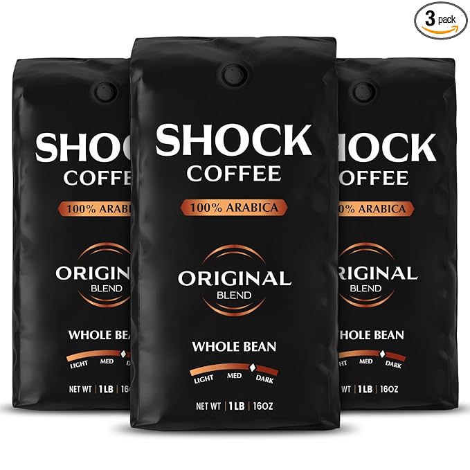 Shock Coffee Whole Bean The Strongest Caffeinated All-Natural Coffee Up to 50% more Caffeine. 3 LB