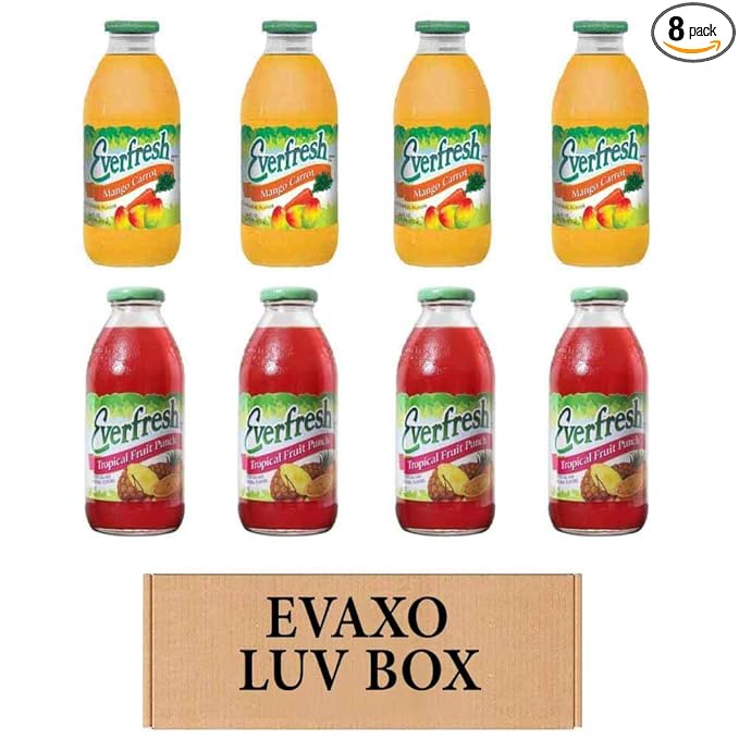 LUV BOX- variety Everfresh Juice 16 oz. pack of 8 Everfresh Mango Carrot Everfresh Tropical Fruit Punch. by evaxo