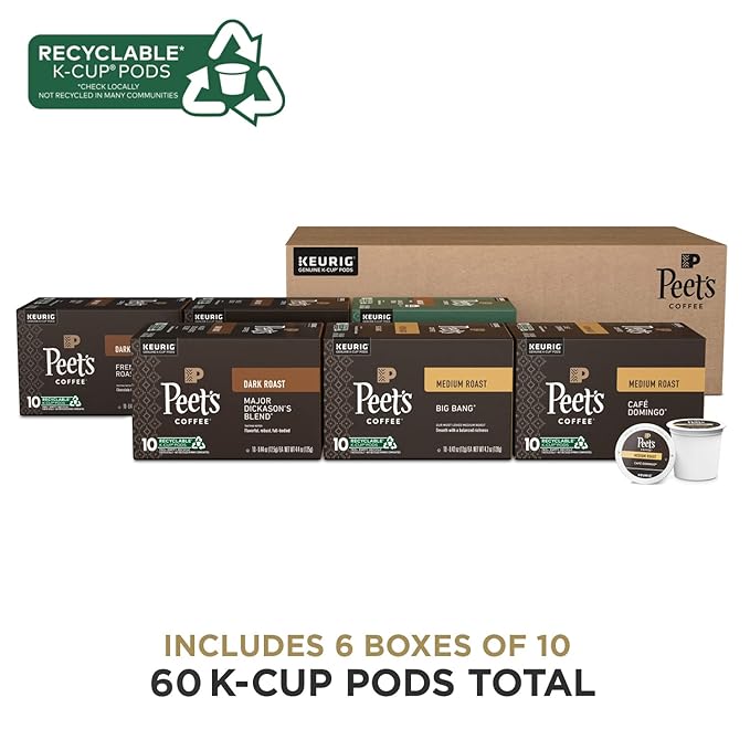 Peet's Coffee Keurig K-Cup Pods Variety Pack 100% Arabica Coffee - Major Dickason's Blend Big Bang French Roast Café Domingo Organic Alma De La Tierra House Blend 60 CT (6 Boxes of 10 Pods)