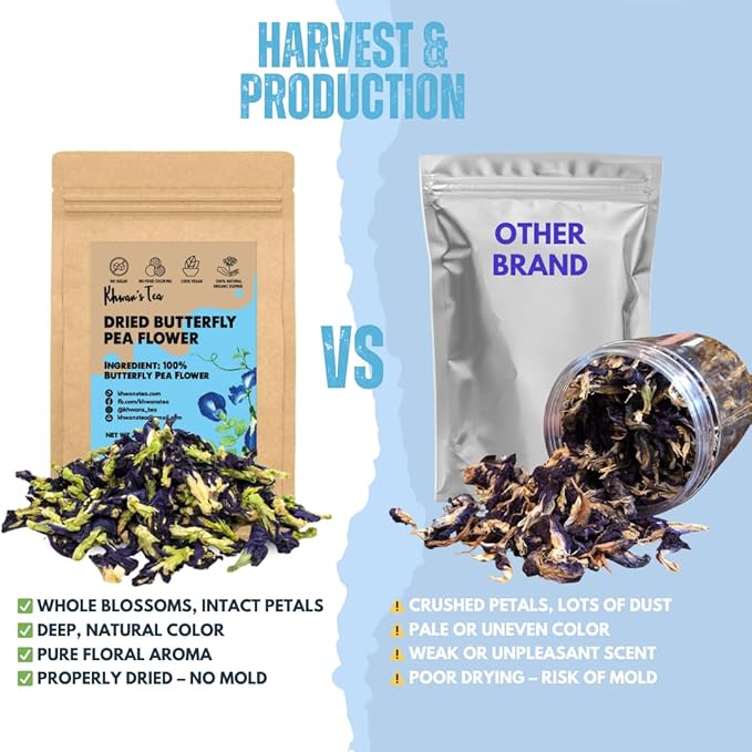 KHWAN'S TEA Dried Butterfly Pea Flowers Blue Tea Clitoria Ternatea Flower Herbal Tea Caffeine Free Vegan Plant Based 3.53 oz (100g)