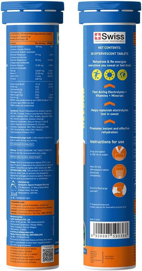 FAST&ampUP Reload - Electrolyte Energy Drink - Sports Nutrition Electrolyte Drink - Effervescent Tablets for Running &amp Cycling- 20 effervescent Tablets - Lime and Lemon Flavour