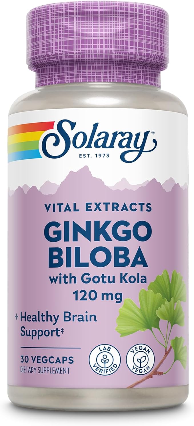 SOLARAY Ginkgo Biloba Extract with Gotu Kola - Ginko Biloba Capsules for Brain Health Support - Vegan Lab Verified 60-Day Guarantee - 60 Servings 60 VegCaps (30 VegCaps)