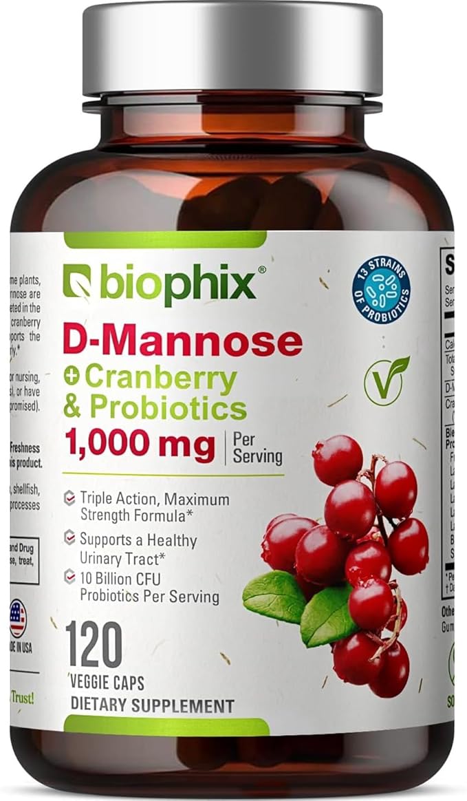 biophix D-Mannose 1000mg Capsules with Cranberry &amp Probiotics - D Mannose Supplements for Women - D-Mannose Pills for Urinary Tract &amp Bladder Health Support - Digestive Well-Being - 120 Vcaps