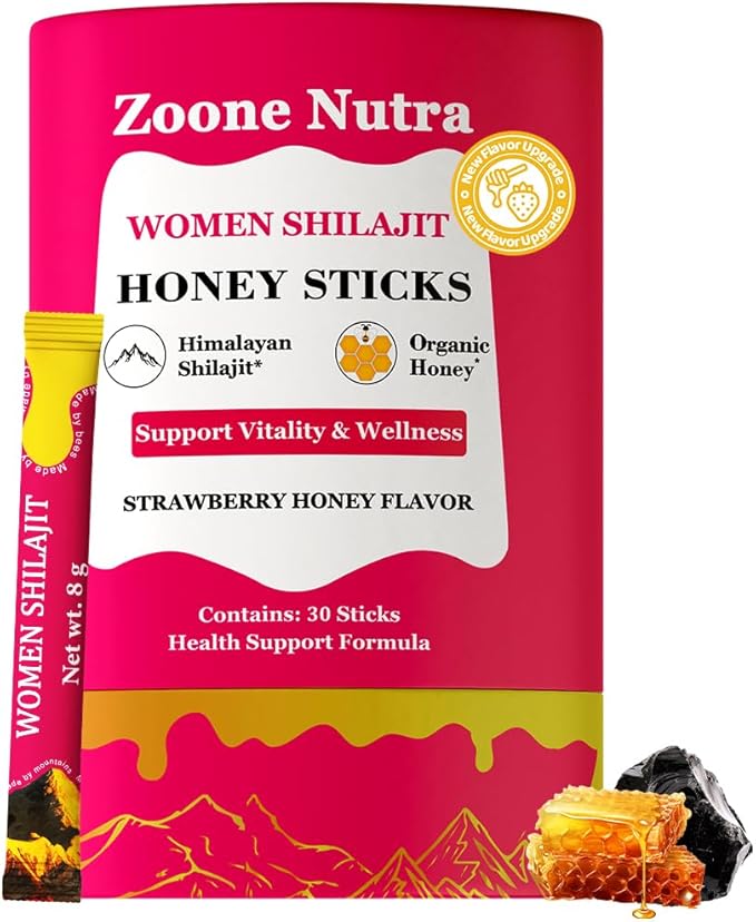 Honey Sticks Shilajit for Women Strawberry Flavor | Shilajit with Shatavari &amp Saffron | Natural Energy Hormonal Balance Focus &amp Vitality Support | Wellness Booster Herbal Honey Packs - 30 St