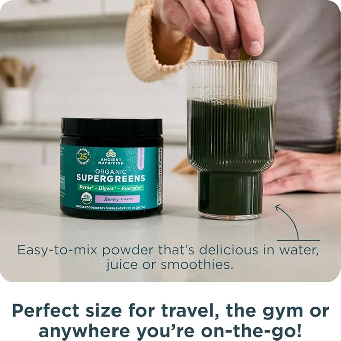 Ancient Nutrition Multi Collagen Protein Powder Vanilla 24 Servings + Organic Supergreens Powder Berry 12 Servings