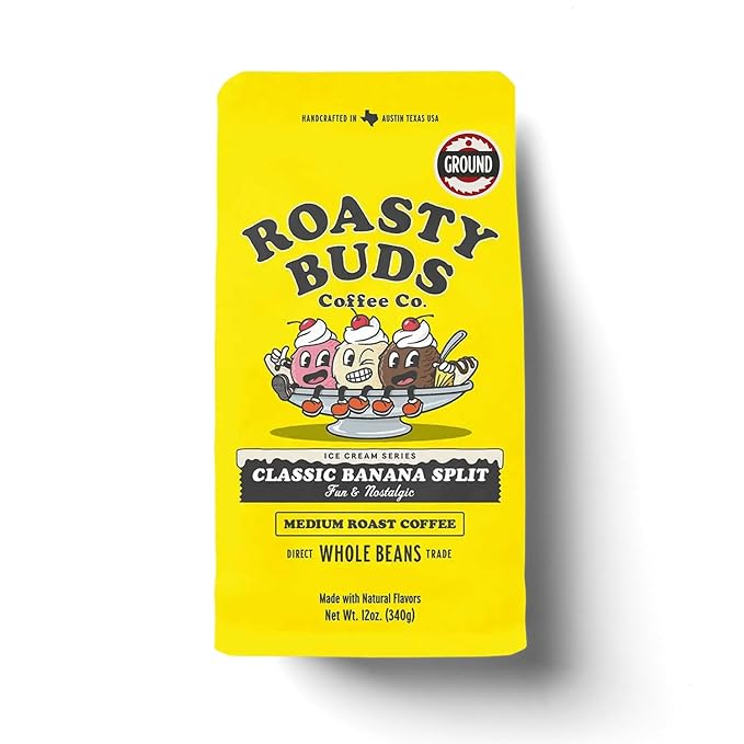 Roasty Buds Banana Split Ground Coffee 12oz | Flavored Dessert Coffee | Bold Roast | Gluten-Free Non-GMO No Sugar Dairy Soy or Egg | Premium Banana Split Flavor