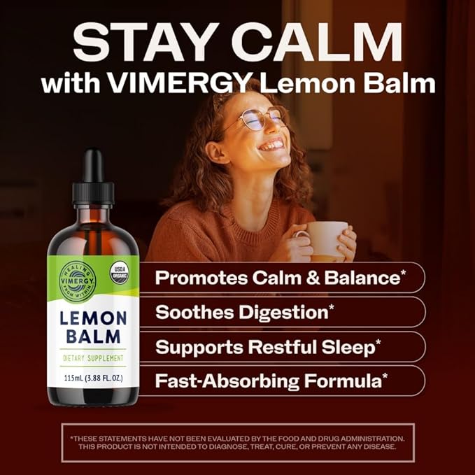 Vimergy USDA Organic Lemon Balm Tincture Herbal Supplement – Can be Used in Tea - Non-GMO Alcohol-Free –115 mL (1 mL/Serving)