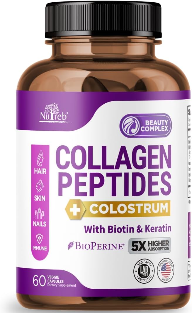 Collagen Peptides for Women with Colostrum Biotin and Keratin - Type I II III V X - 5X Higher Absorption - Hair Skin and Nails Vitamins - Collagen for Women - Collagen Pills - 60 Capsules