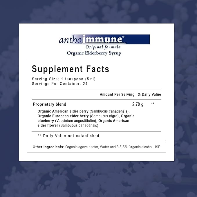 Organic Elderberry Syrup - Anthoimmune - Immune Support Supplement for Adults and Kids- USDA Organic Ultra-Premium Black Elderberry Formula (4 oz) 24 Servings
