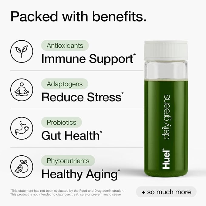 Huel Daily Greens Single Serve | Superfood Greens Powder | 91 Vitamins Minerals and Wholefood-Sourced Ingredients | Adaptogens Antioxidants Gut-Friendly Probiotics | 12 Pack