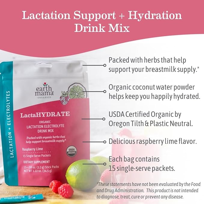 Earth Mama Organic LactaHYDRATE Lactation Drink Mix 15 Servings – USDA Certified Organic Hydration Drink with Herbs Used to Help Support Breastmilk Supply* for Breastfeeding Moms