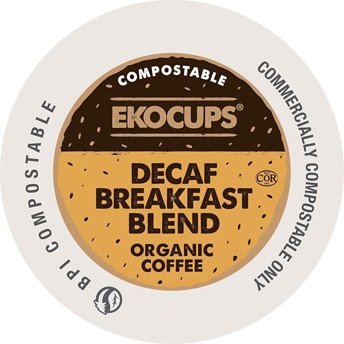 Ekocups Decaf Organic Breakfast Blend Coffee Pods - Swiss Water Process Light Roast Compostable Plant-Based &amp Freshness-Sealed - Keurig Compatible 20ct