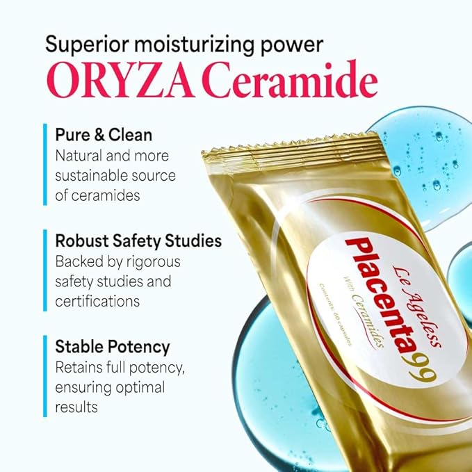 LABO Nutrition Le Ageless Placenta 99 with Ceramides -Placenta Supplement with Collagen Peptides Oryza Ceramides-Skin Regeneration Hydration Anti-Aging Wrinkle Support Immune Health 60 Capsulesx3