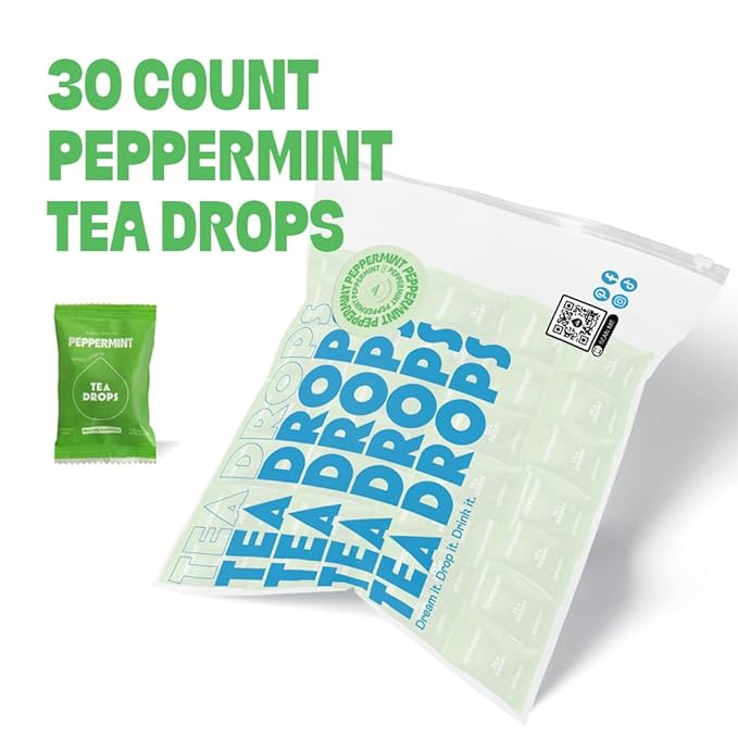 Tea Drops 30 Bulk Pack Organic Peppermint Bagless Tea - Loose Leaf Lightly Sweetened On-The-Go. Plastic-Free - Iced or Hot Tea